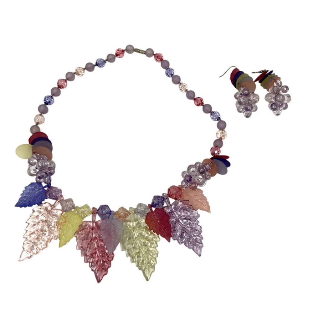 1980s Vintage Acrylic Crystal Colorful Leaf & Fruit Necklace & Earrings Suite
